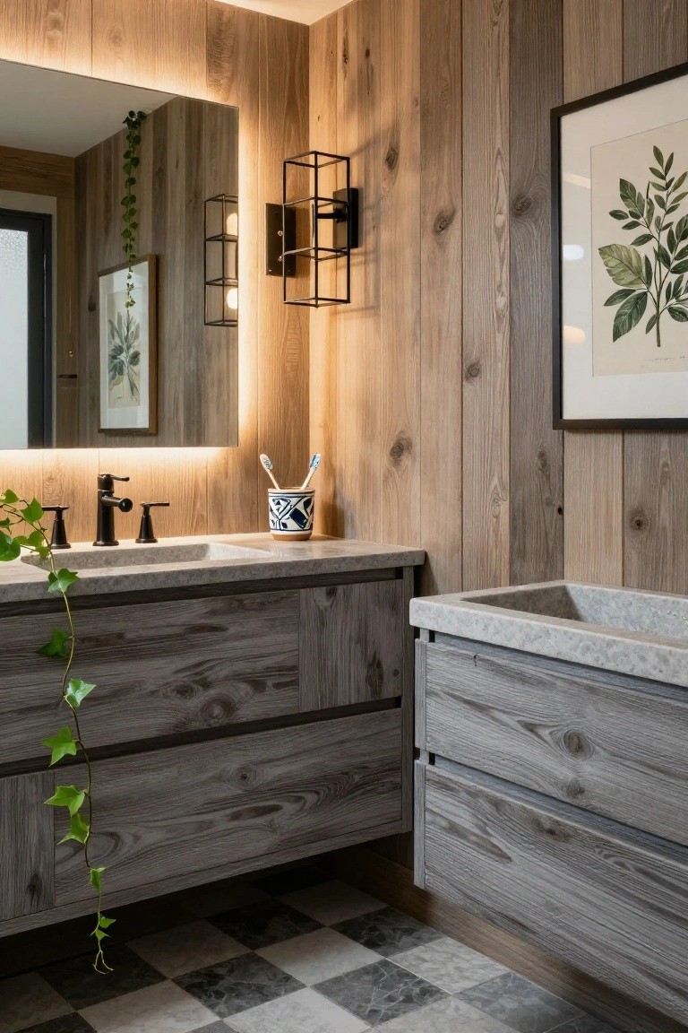 Bathroom vanity with light wood paneled walls, floating gray-toned wood cabinets, matte gray trough sink, backlit rectangular mirror, black metal sconces, blue and white toothbrush holder, and trailing ivy plant on checkered floor.