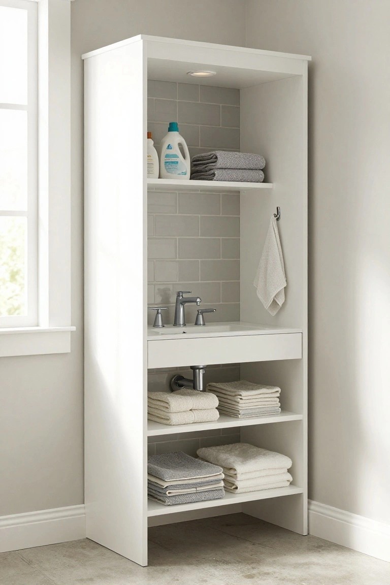 White open shelving unit integrated with a white sink, gray subway tile backsplash, folded towels and laundry bottles on shelves, single towel hanging from hook, small round recessed light above top shelf, beige walls and window in background.