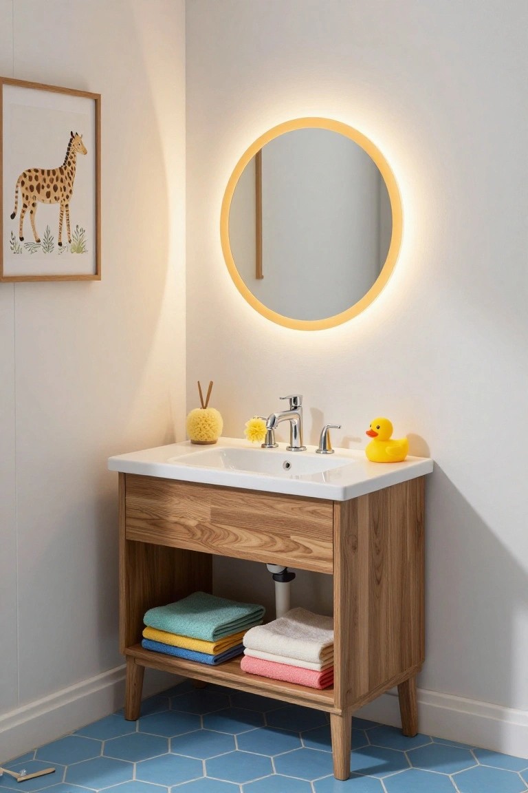 Corner bathroom vanity with wooden cabinet, white sink, chrome faucet, yellow rubber duck and loofah on counter, round mirror with yellow LED rim light, stacked colorful towels below, giraffe artwork on wall, and blue hexagonal floor tiles.