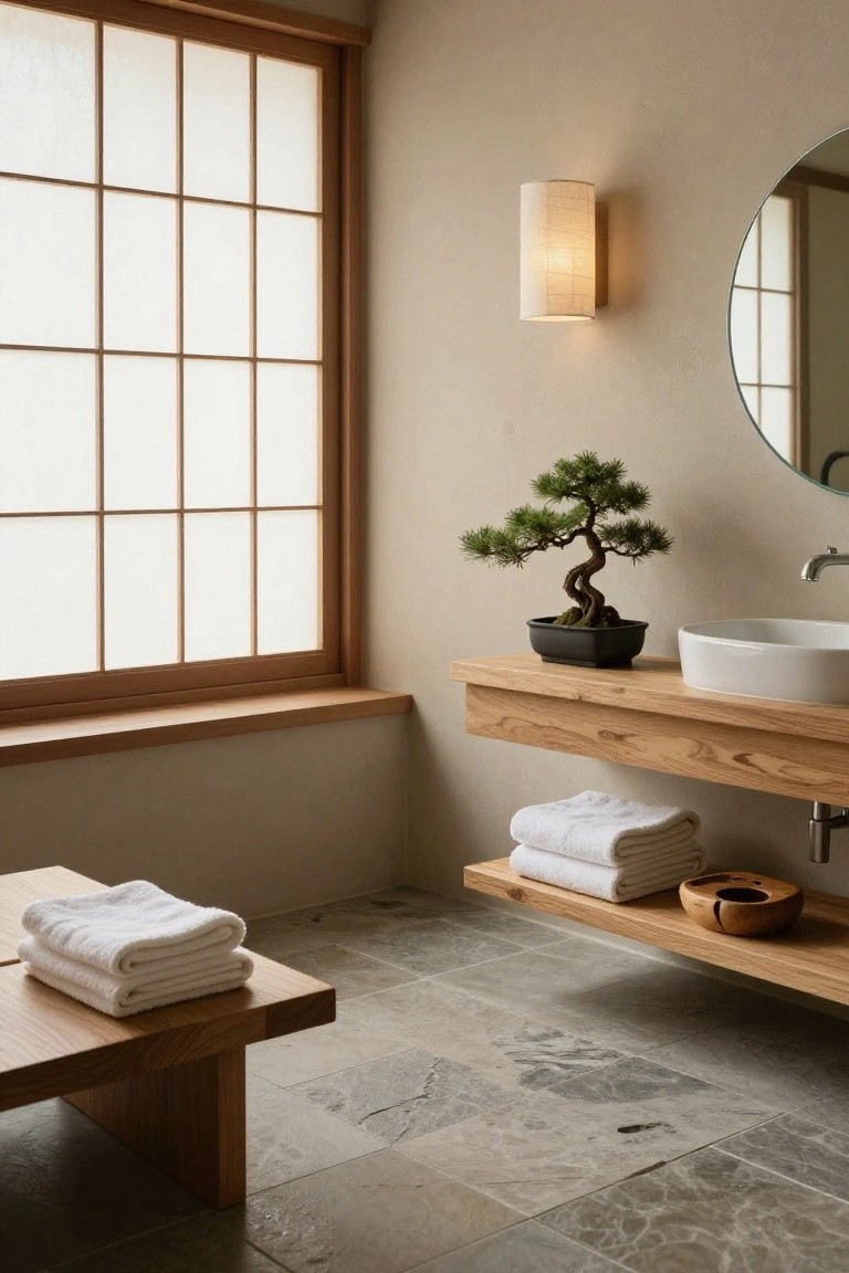 Modern bathroom interior featuring a shoji screen window, floating oak vanity with white sink and black bonsai pot, round mirror, fabric-shaded wall sconce, stacked white towels on shelves and wooden bench, and gray stone tile floor.
