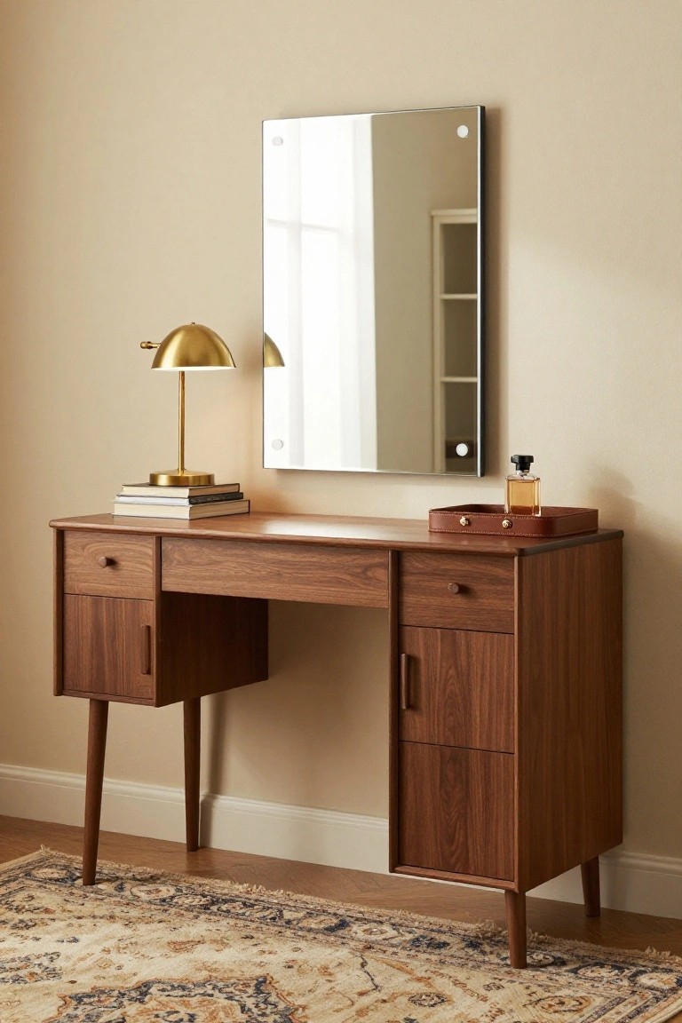 Wooden mid-century style vanity desk with drawers on tapered legs, gold swing-arm lamp, stacked books, leather tray with perfume bottle, and round wall-mounted mirror in a beige room with patterned rug.