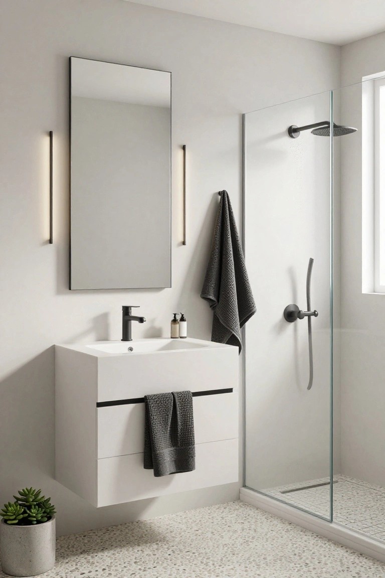 Modern bathroom interior with white wall-mounted vanity, black single-handle faucet, tall frameless mirror flanked by two slim vertical black light fixtures, glass shower enclosure with black hardware, gray towels, and pebble tile floor.