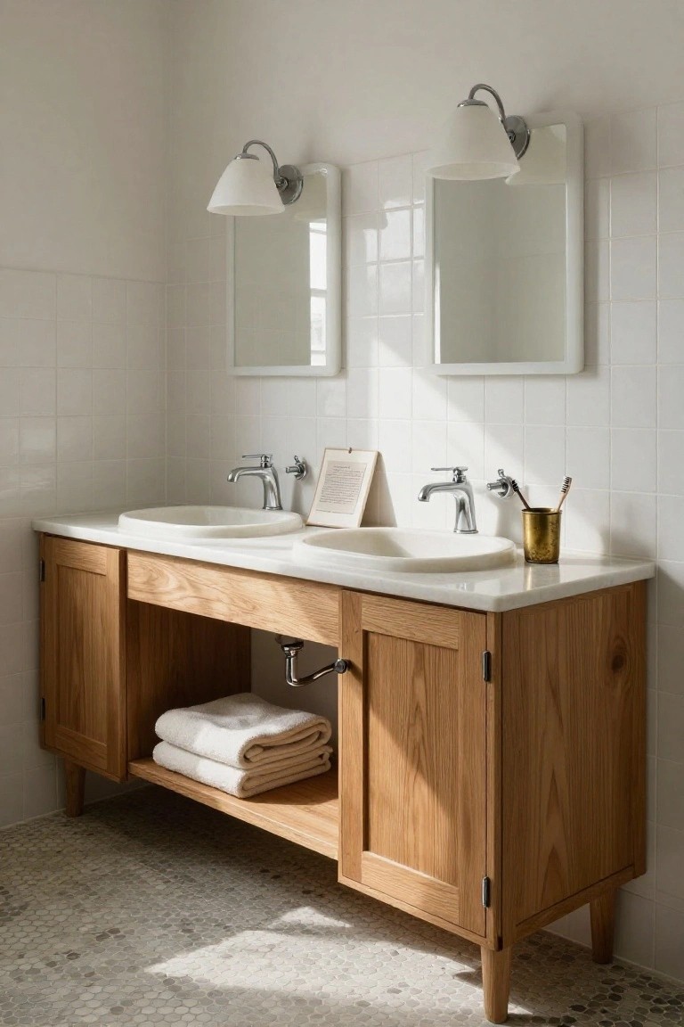 Double white bathroom vanity with oak wood cabinets and open shelf holding white towels, two oval sinks with chrome faucets, flanked by rectangular mirrors each with a white-shade wall sconce above, brass cup with toothbrushes on the counter, white subway tile walls and light gray pebble floor.