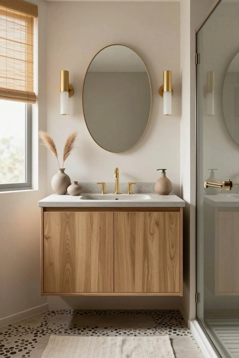 Light wood floating vanity with white sink and gold faucet under an oval gold-framed mirror flanked by two tall gold sconces with white diffusers, pampas grass in beige vases on the countertop, bamboo shades on window, and glass shower door nearby on pebble tile floor.
