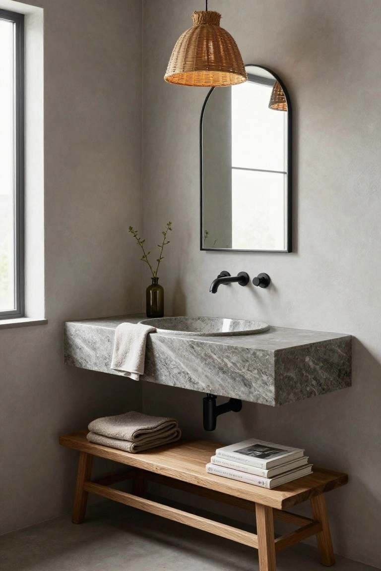 Corner of a minimalist bathroom with a floating gray veined stone vanity and round sink, black wall-mounted faucet, arched black mirror, rattan pendant lamp overhead, wooden bench holding folded beige towels and stacked books, green branches in glass vase, next to a large window on textured gray walls and concrete floor.