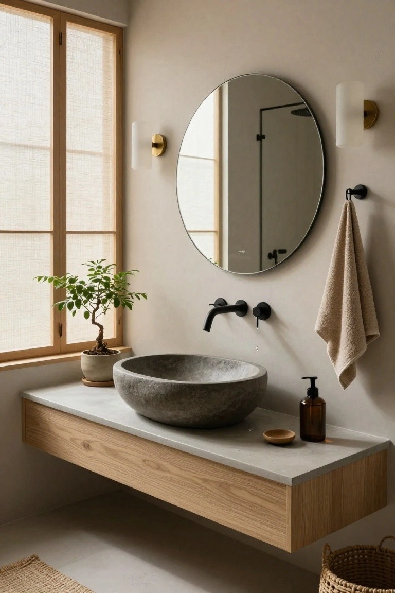 Japandi-style bathroom with floating oak vanity topped by gray stone vessel sink, large round black-framed mirror flanked by two white globe sconces on gold bases, bonsai plant on windowsill, beige towel on hook, and woven basket on floor.