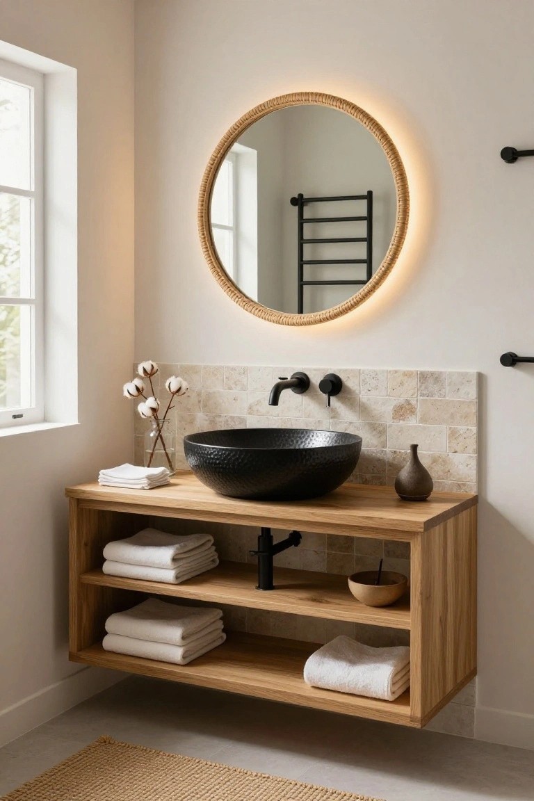Soft Glow from Backlit Rattan Mirror