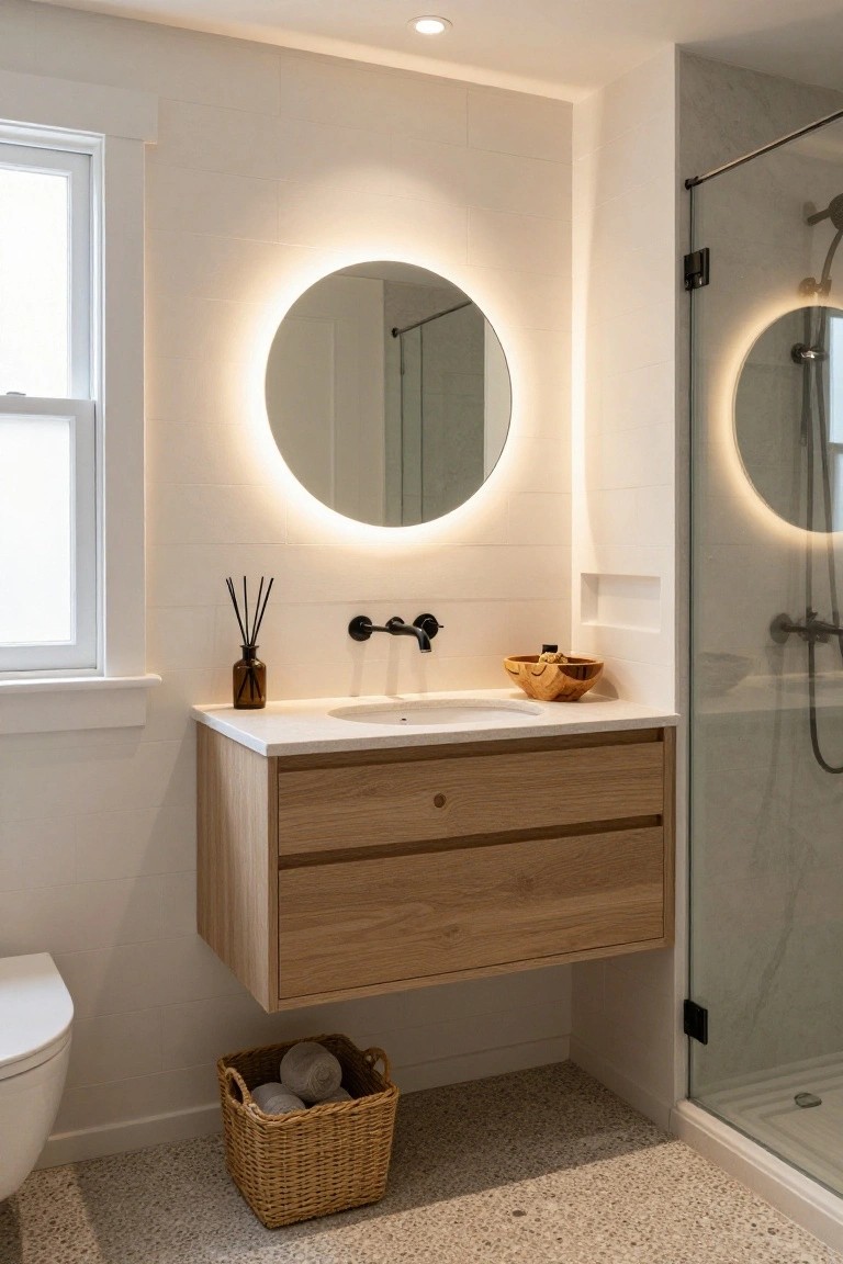 Contemporary bathroom with floating oak vanity, round backlit mirror above white sink, wall-mounted black faucet, glass shower enclosure, toilet, and woven basket on terrazzo floor.