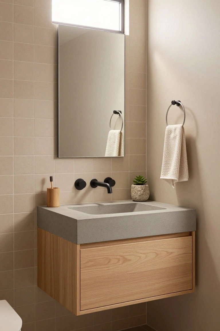 Wall-mounted bathroom vanity with light oak drawer fronts, gray concrete basin and top, black wall-mounted faucet, rectangular mirror, bamboo toothbrush holder, potted succulent, towel ring with white towel, beige tiled walls, and corner toilet.