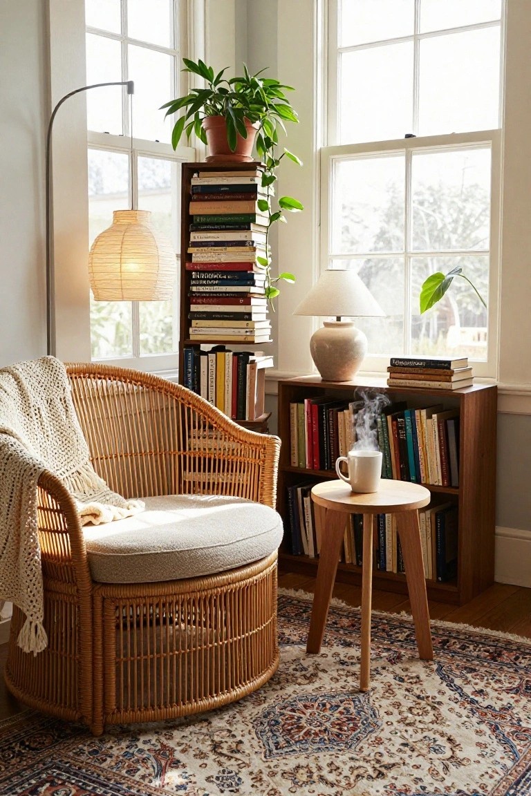 Sunlit interior corner with rattan armchair, cream cushions and throw blanket, adjacent wooden bookshelves filled with books, potted plants on shelves and floor, arc floor lamp, paper lantern floor lamp, ceramic table lamp on wooden stool beside white mug with steam rising, patterned rug, large multi-pane windows showing trees outside.