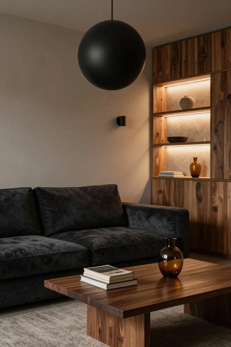 Modern living room interior featuring a large black spherical pendant light hanging above a black velvet sofa, wooden coffee table with stacked books, and built-in wooden shelves with LED backlighting and ceramic vases.