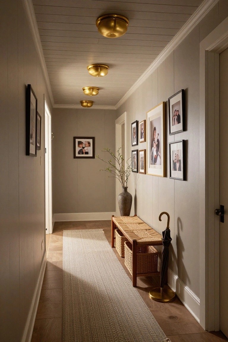 A narrow interior hallway with light gray vertical paneled walls, white shiplap ceiling with four gold brass dome flush-mount lights in a row, several framed family photos on walls, tall vase with branches, wicker bench with baskets, umbrella stand, light runner rug on wood floors, and doors at both ends.