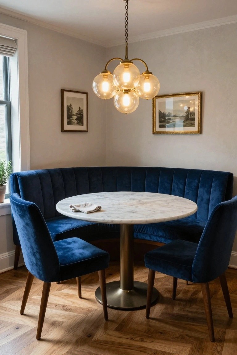 Brass chandelier with five glass globe bulbs hangs over a navy blue velvet curved booth, round white marble table on brass pedestal base, and two matching blue velvet chairs in a light gray room with herringbone wood floors and framed artwork on walls.