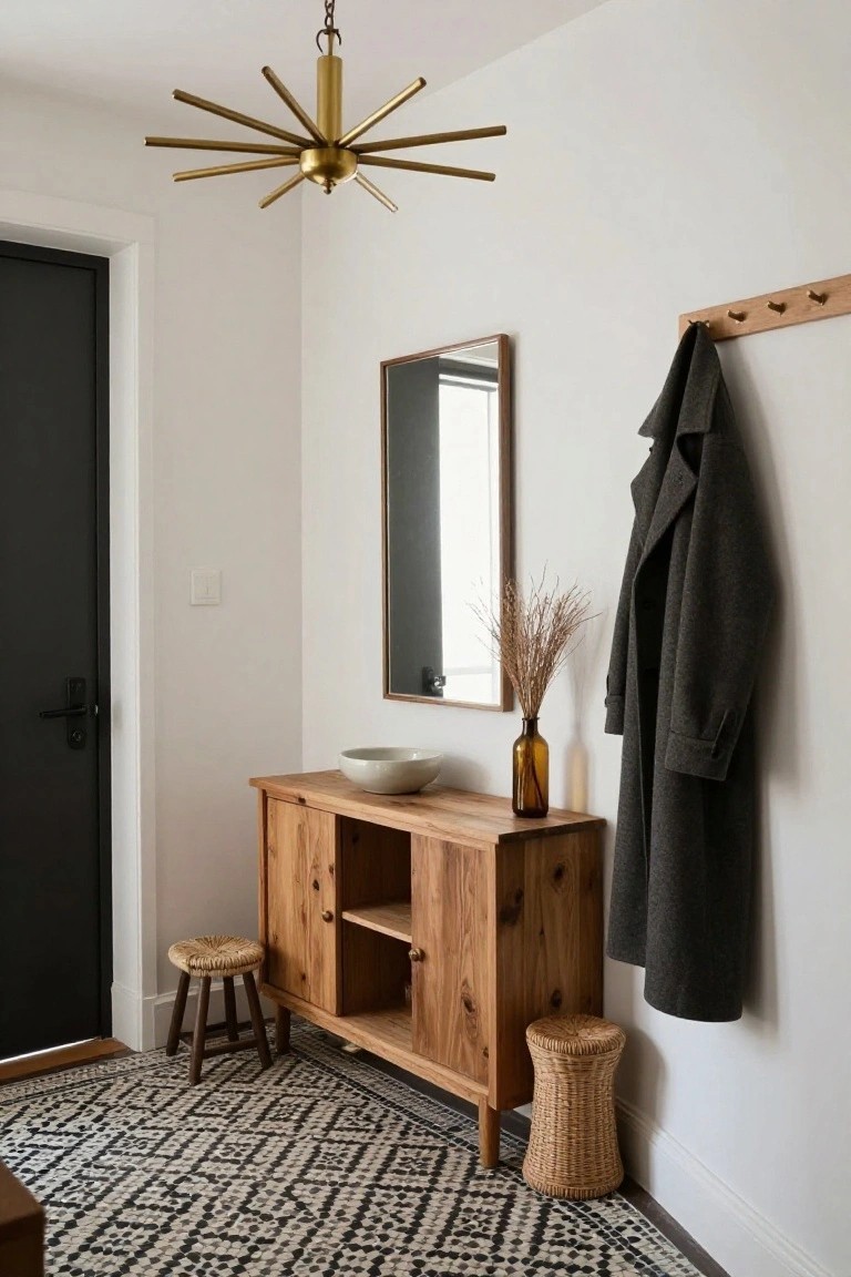 Entryway interior with gold starburst chandelier hanging from ceiling, wooden console table topped with white bowl and glass vase, full-length wood-framed mirror, gray coat on oak wall rack, rattan stool and basket, black door, and black-and-white patterned tile floor.