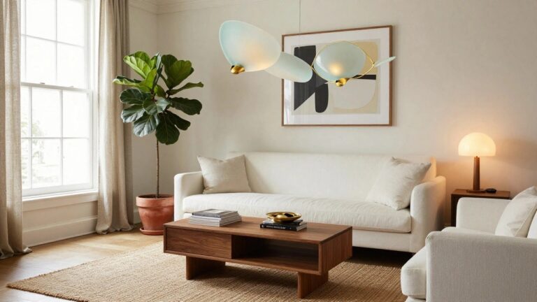 A bright living room with two white sofas facing a low wooden coffee table on a seagrass rug, a tall fiddle leaf fig in a terracotta pot, abstract framed art on white walls, sheer curtains on large double windows showing greenery outside, and a gold flush-mount ceiling light with multiple white glass shades.