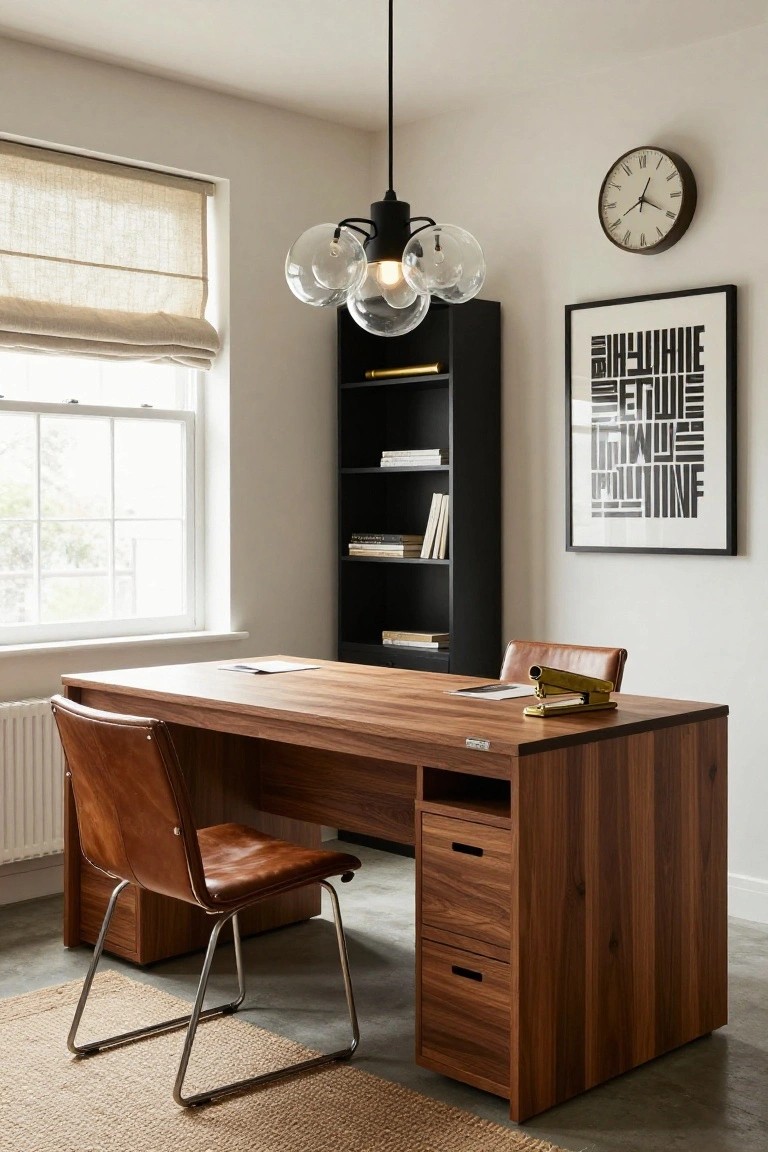 A home office with a wooden desk topped by papers and a gold stapler, brown leather chair, black bookshelf with books, wall clock, abstract black-and-white print, and black pendant ceiling light with glass globes above the desk, next to a window with beige roman shade.