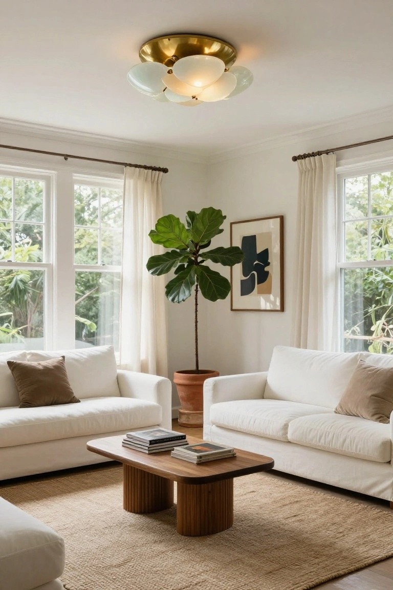 A bright living room with two white sofas facing a low wooden coffee table on a seagrass rug, a tall fiddle leaf fig in a terracotta pot, abstract framed art on white walls, sheer curtains on large double windows showing greenery outside, and a gold flush-mount ceiling light with multiple white glass shades.