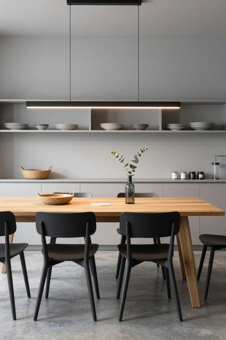 Modern minimalist kitchen dining area with a long slim black linear pendant light hanging above a rectangular oak wood table, black chairs, gray cabinets and shelves, woven baskets, and polished concrete floor.