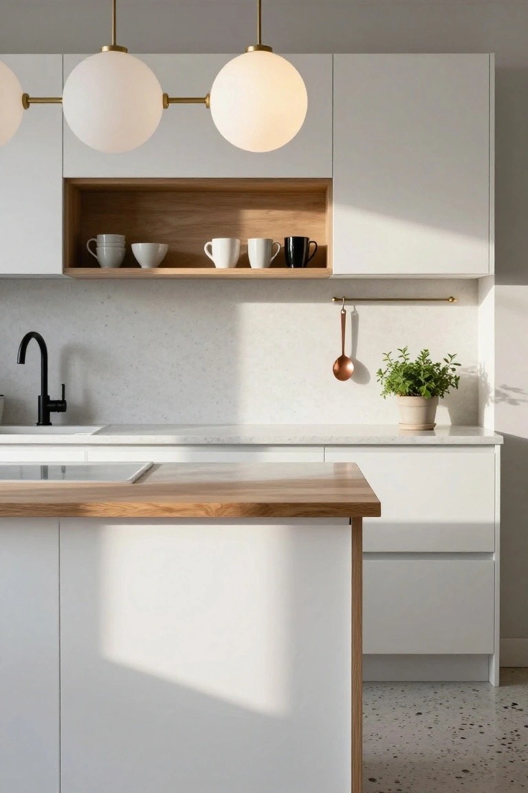 Modern white kitchen with oak island countertop, black matte faucet, brass hanging rail with copper ladle, potted herb plant, and three brass-framed white opal globe pendant lights suspended above the island.