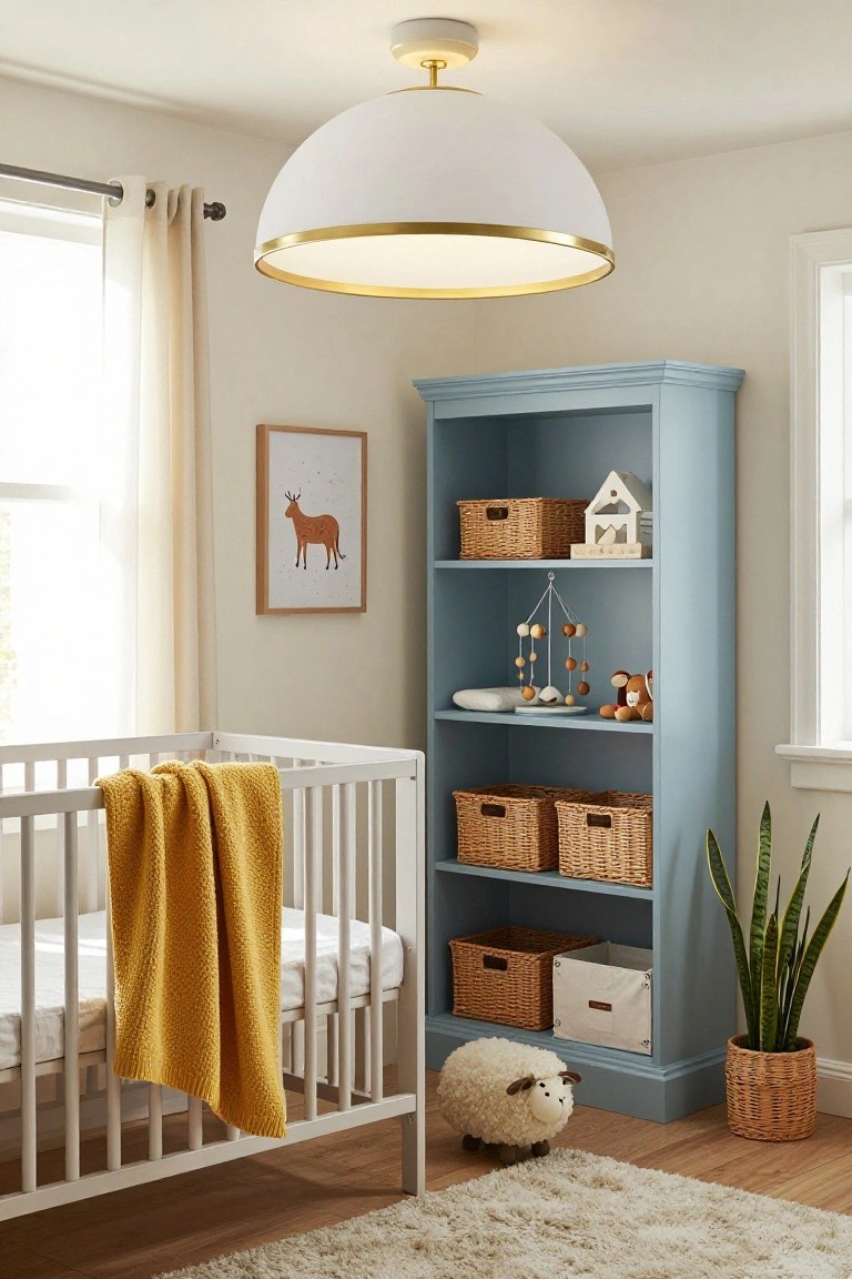 Nursery room with white crib draped in yellow blanket, blue bookshelf filled with wicker baskets and toys, fluffy white sheep on floor, potted snake plant, sheer curtains on window, and large white dome ceiling light with gold rim.