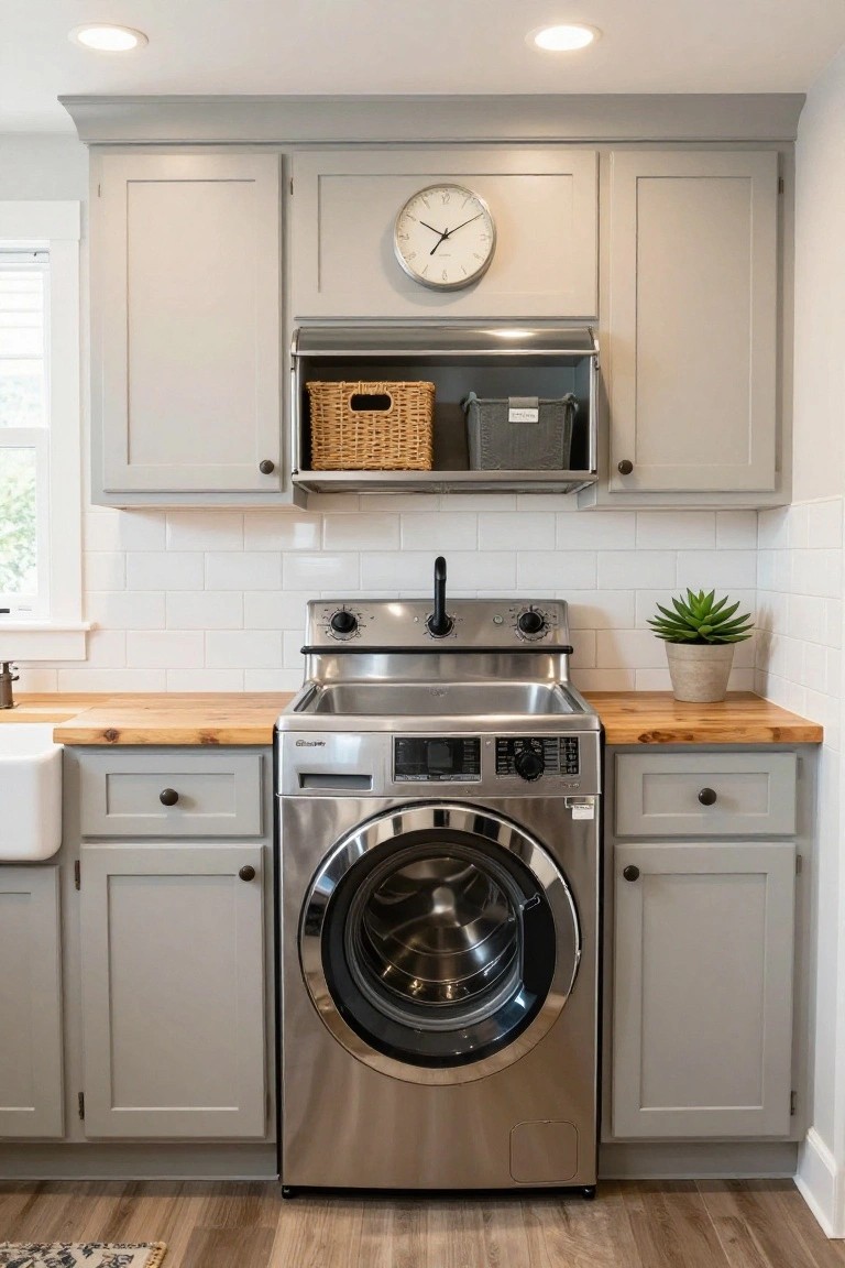 Laundry room interior with light gray shaker-style cabinets, wooden countertop, stainless steel utility sink, front-load washer and dryer, two recessed round ceiling lights, white subway tile backsplash, clock, and potted plant.
