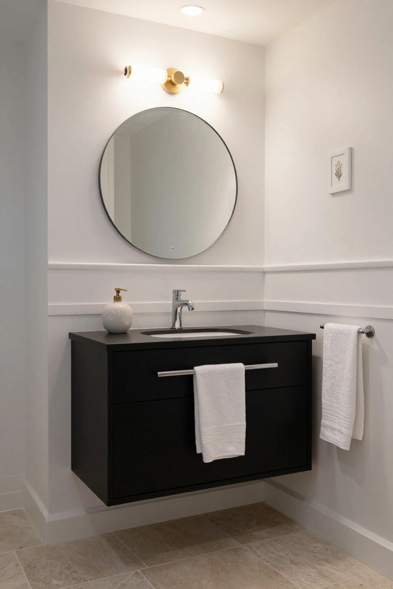 Modern powder room interior with white walls, black floating vanity, round black mirror, gold wall sconces, white soap dispenser, and beige tile floor.