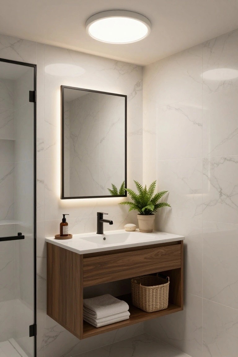 Modern bathroom interior featuring a round white flush-mount ceiling light, black-framed glass shower enclosure, backlit rectangular mirror, floating walnut vanity with sink and black faucet, marble tile walls, potted fern, and woven basket with towels.