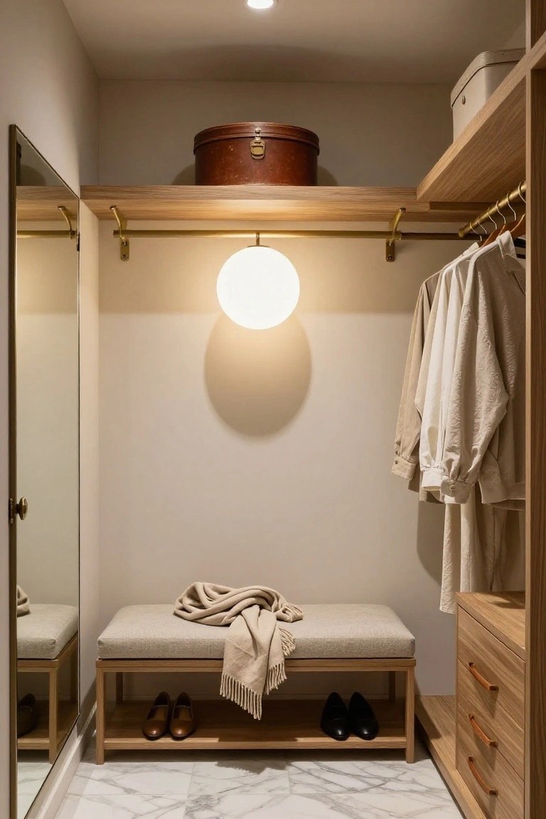 Walk-in closet with oak wood shelving and hanging rods, beige garments hanging, a cushioned bench with brown loafers, black oxfords, and a beige throw blanket, full-length mirror on one side, white globe pendant light hanging from ceiling, and marble tile floor.