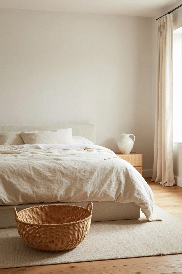 Minimalist bedroom corner showing a low upholstered platform bed with rumpled white linen bedding and pillows, a large empty round wicker basket on a light gray rug next to the bed, a low wooden nightstand with a white ceramic jug vase, sheer beige curtains on a window, pale walls, and light wood flooring.