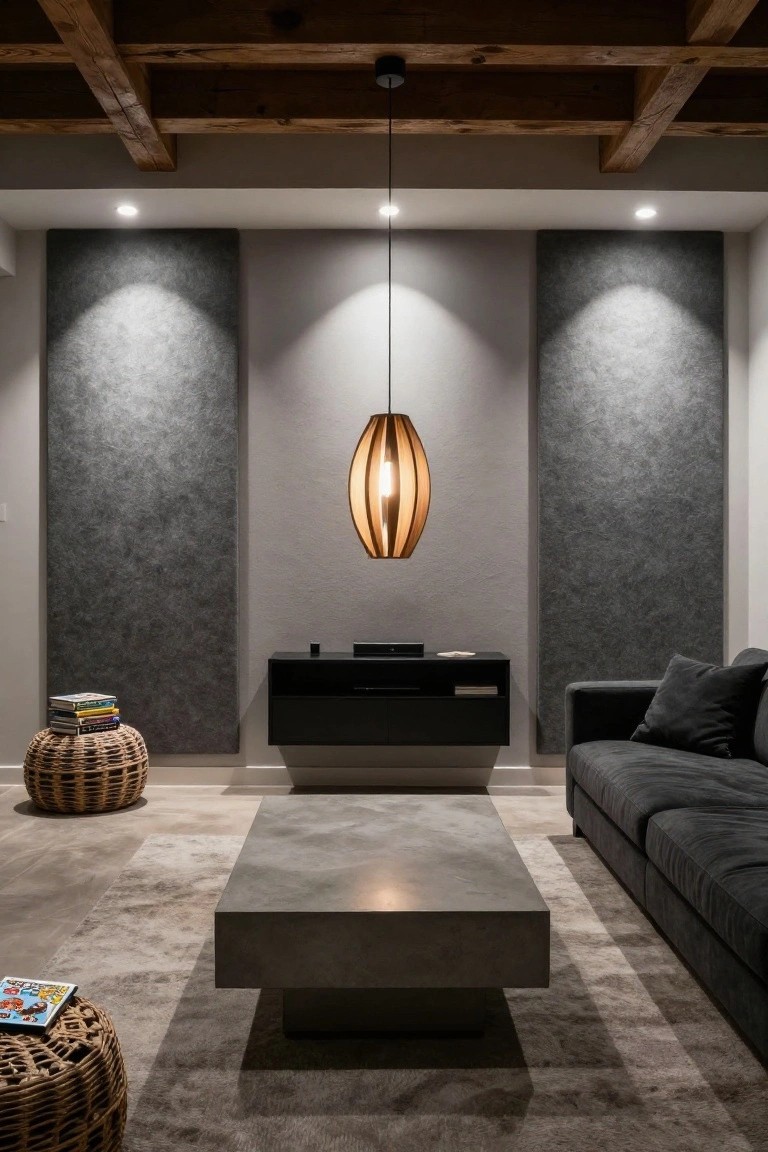 Interior room featuring gray felt wall panels, wooden beamed ceiling, central oval slatted wooden pendant light, black floating media console, gray L-shaped sofa, concrete coffee table, and woven stools.
