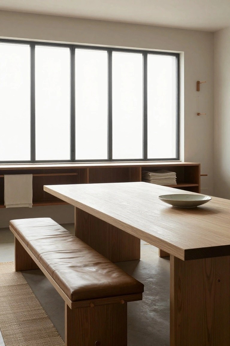 Light oak dining table with matching bench topped by tan leather cushion, built-in wooden shelves with folded towels along large multi-pane windows in a neutral room.