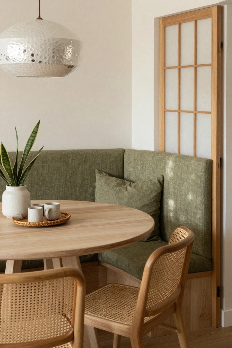 Corner dining nook with green upholstered booth seating, round oak table, two rattan chairs, snake plant in white pot, tray of ceramic mugs, hammered metal pendant light, and shoji screen door in a light room.