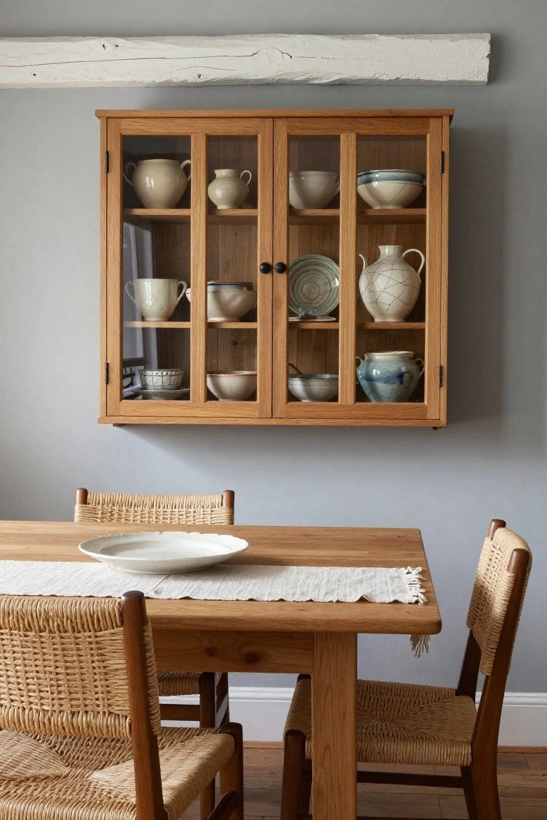 Wall-mounted glazed oak cabinet displaying white and blue ceramic bowls, jugs, and plates above an oak dining table with a white plate, linen runner, and rattan chairs against a gray wall.