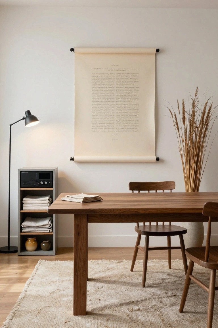 A minimalist interior with a light wooden dining table and two chairs on a beige rug, a gray shelving unit holding folded linens and pottery, a black desk lamp, tall pampas grass in a vase, and a large beige rolled scroll hanging on the white wall.