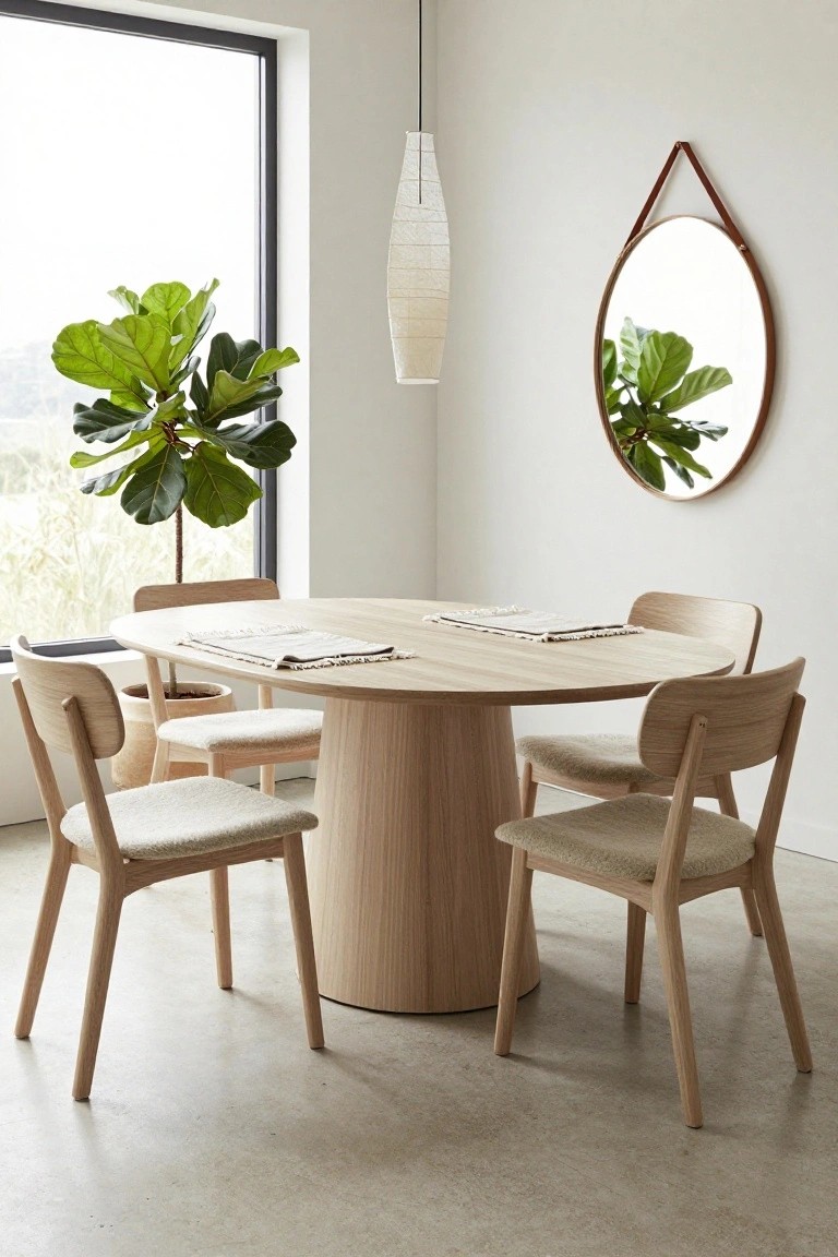 Round light oak pedestal dining table with four matching upholstered chairs in a minimalist white room with a fiddle leaf fig plant, hanging paper lantern, round wall mirror, and large window.