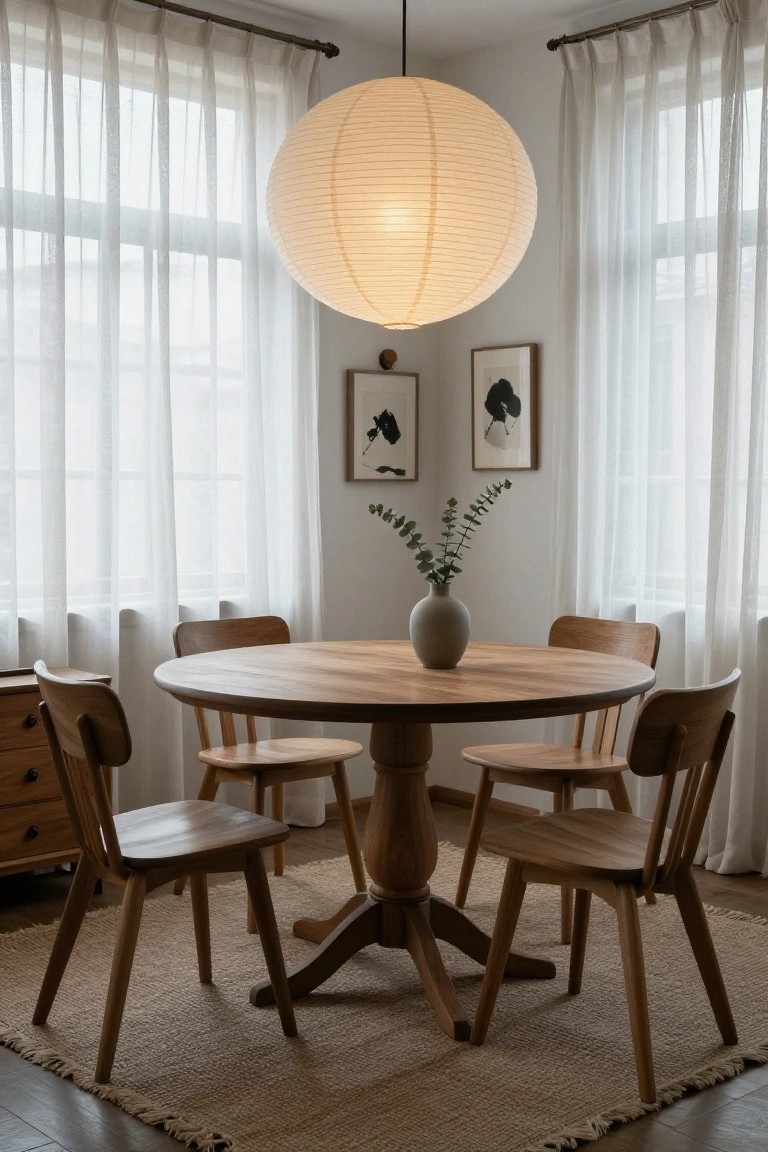 Bright corner dining room with round wooden pedestal table, four wooden chairs with slatted backs, large hanging white rice paper lantern, ceramic vase of eucalyptus on table, sheer curtains on two windows, wooden sideboard, and neutral rug on wood floor.