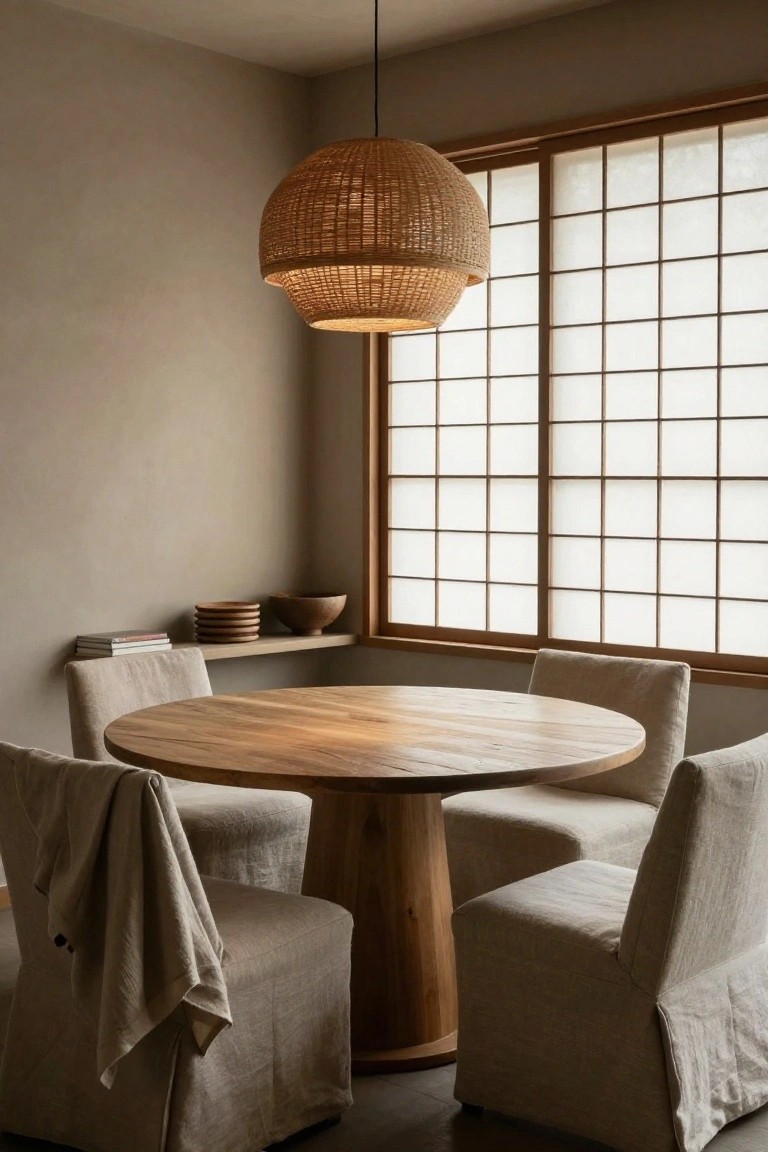 A beige interior dining corner with round wooden pedestal table, four linen-covered chairs, draped fabric on one chair, woven rattan pendant lamp overhead, shoji screen window, and wooden shelf holding stacked bowls and a book.