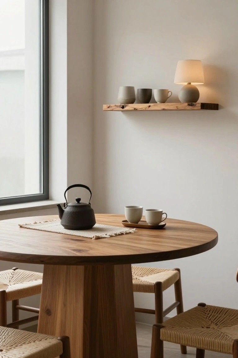 Round wooden dining table with four rattan chairs in a light room, black cast iron kettle and two ceramic cups on a mat atop the table, wooden shelf with pottery mugs and lamp on white wall next to window.
