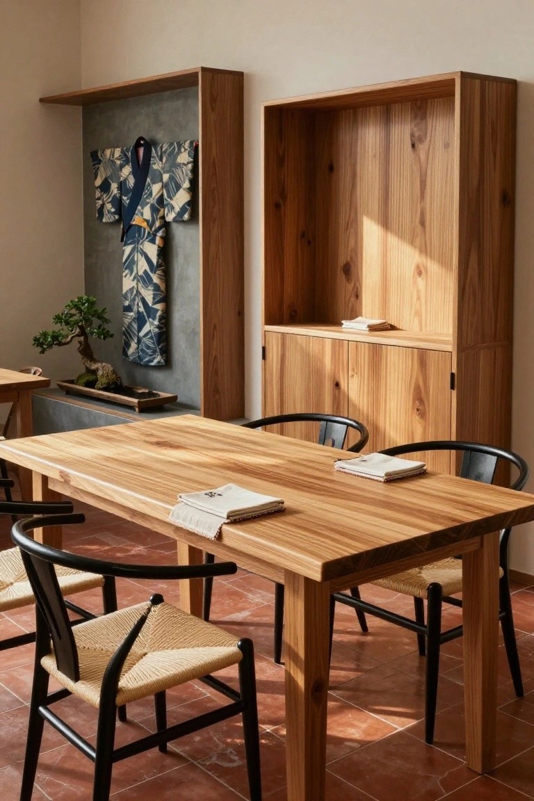 A Japandi-style dining room with a rectangular light wood table, four black-framed rattan chairs, wooden built-in shelving and cabinets, a displayed blue kimono on a textured wall, and a bonsai plant nearby.