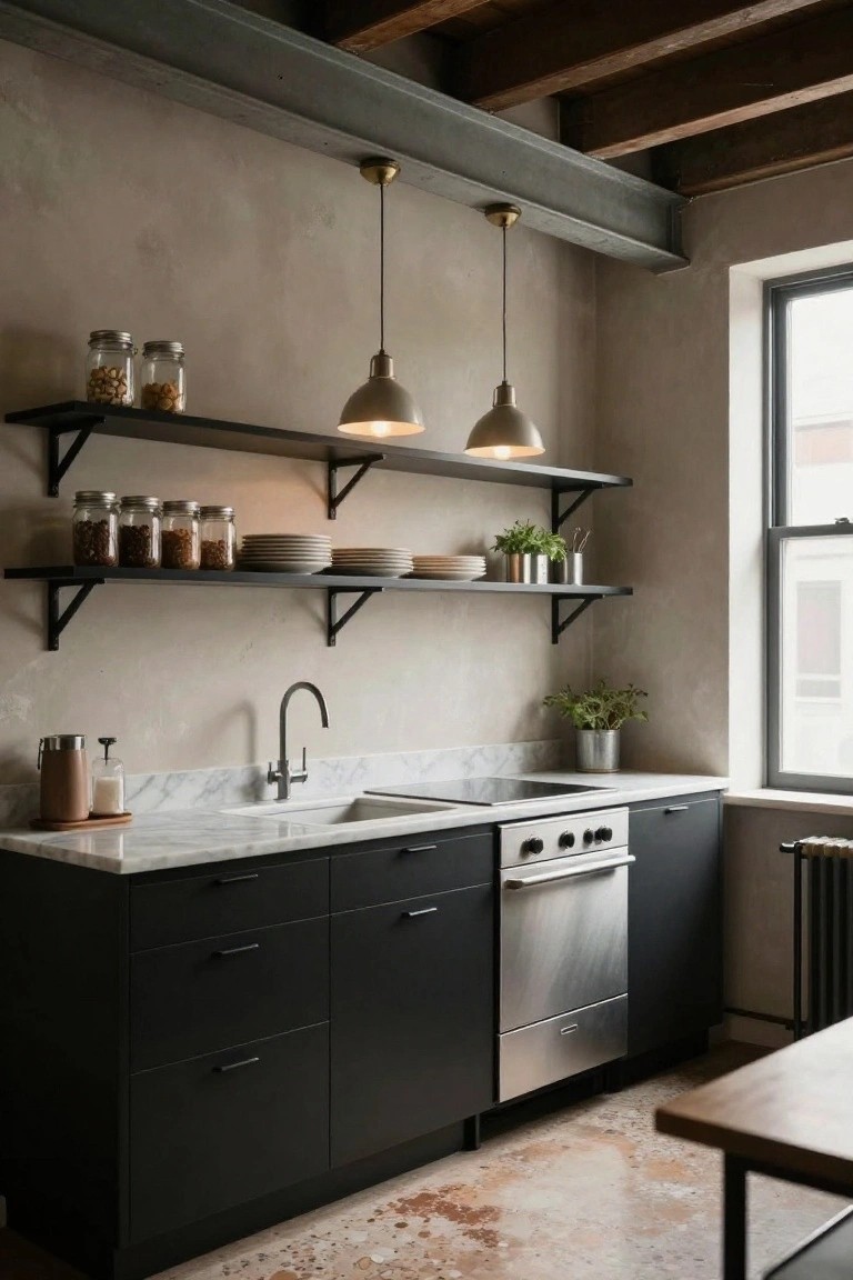 Kitchen interior with exposed wooden ceiling beams, two hanging metal pendant lights above marble countertop and sink, black cabinets and open shelves stocked with jars and plants, large window, and stainless steel appliances.