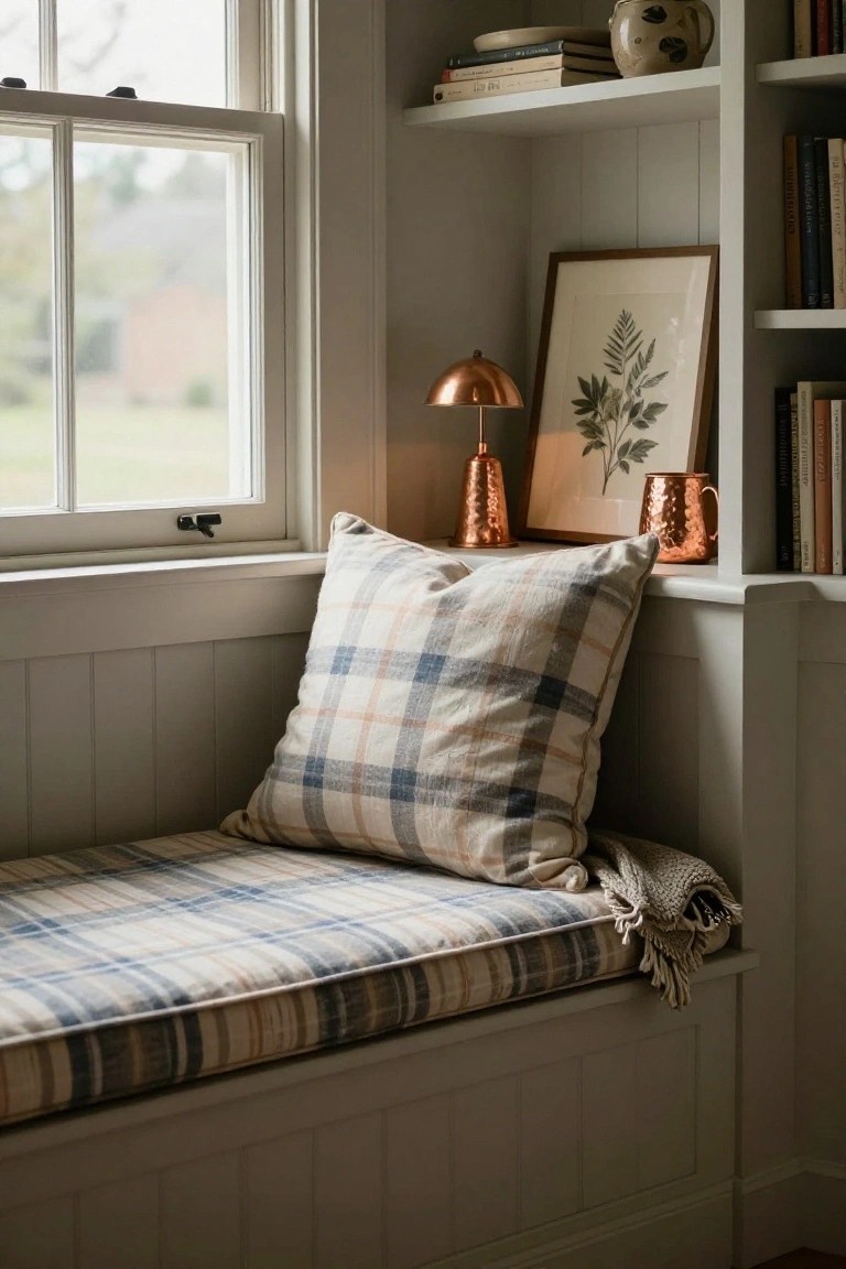 Built-in window seat with plaid cushions and throw on white paneled shelves filled with books, next to a large multi-pane window, copper lamp and mug on shelf with framed leaf print.