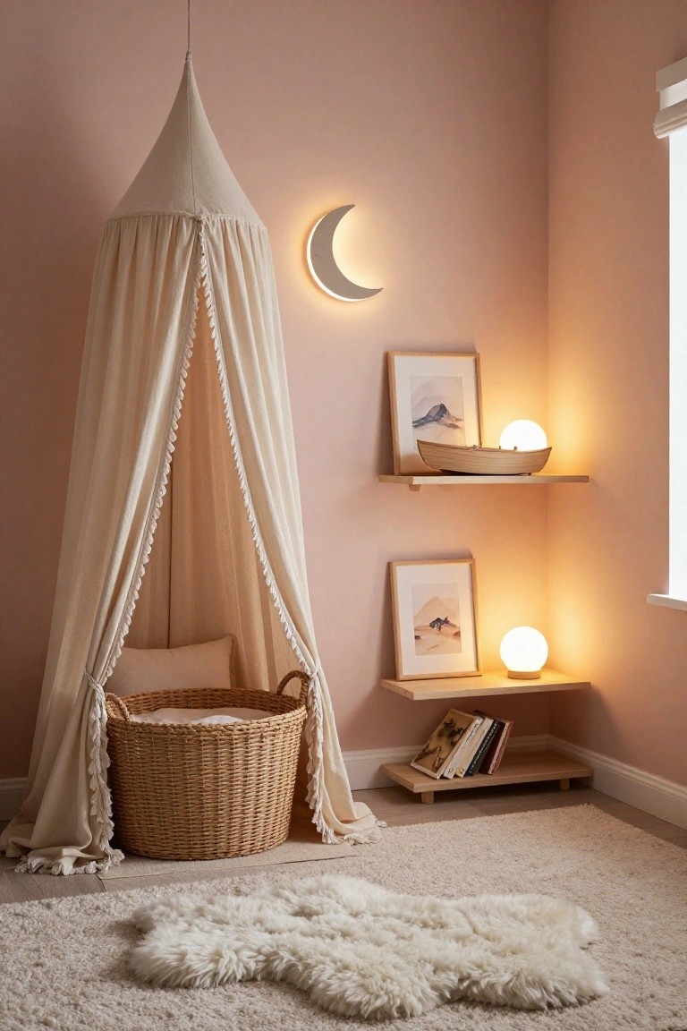 Pink-toned bedroom corner with tall beige canopy over woven basket, wooden shelves displaying globe lamps, framed art, boat model and books, crescent moon wall light, and fluffy white sheepskin rug on light wood floor.