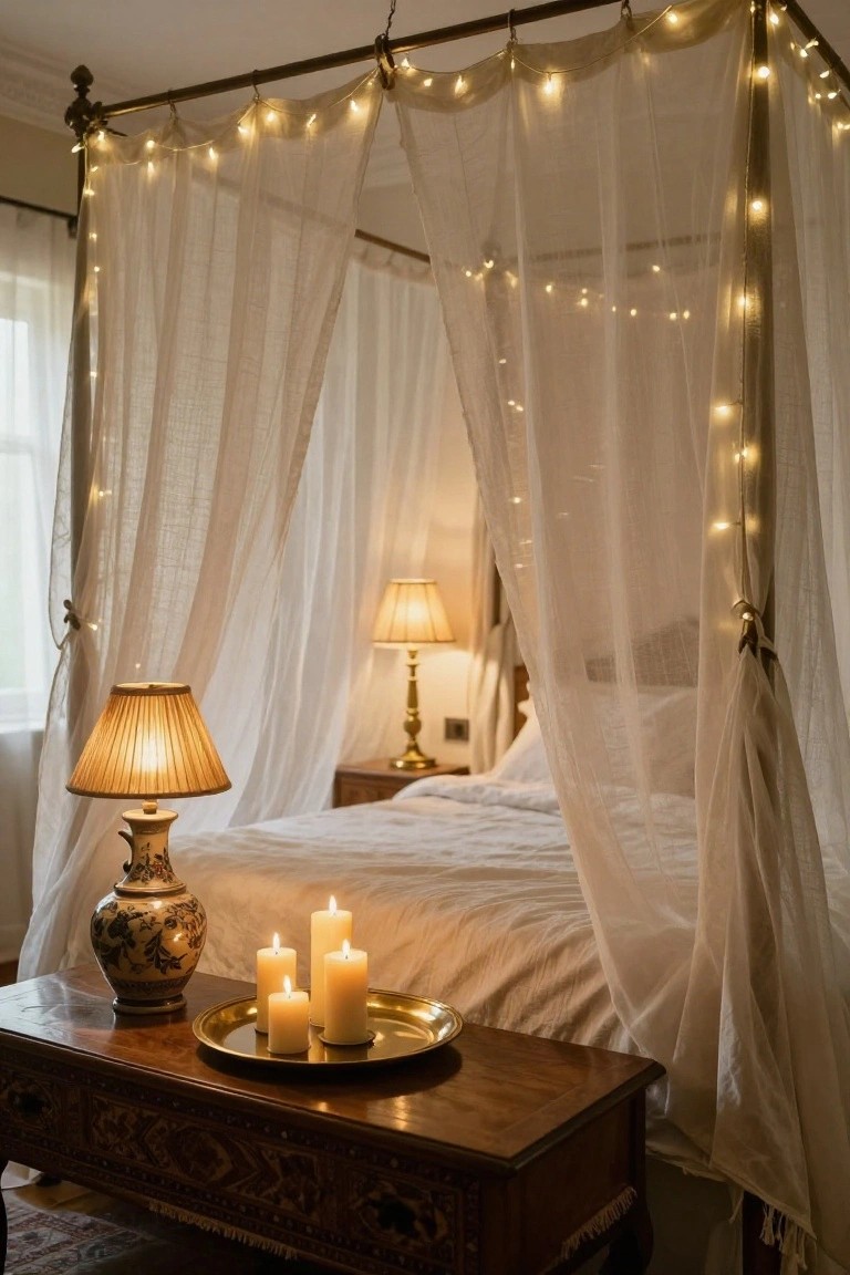 A cozy bedroom with a four-poster canopy bed draped in sheer white curtains and warm string lights, featuring candles on a brass tray next to a porcelain vase and lamp on a wooden table.