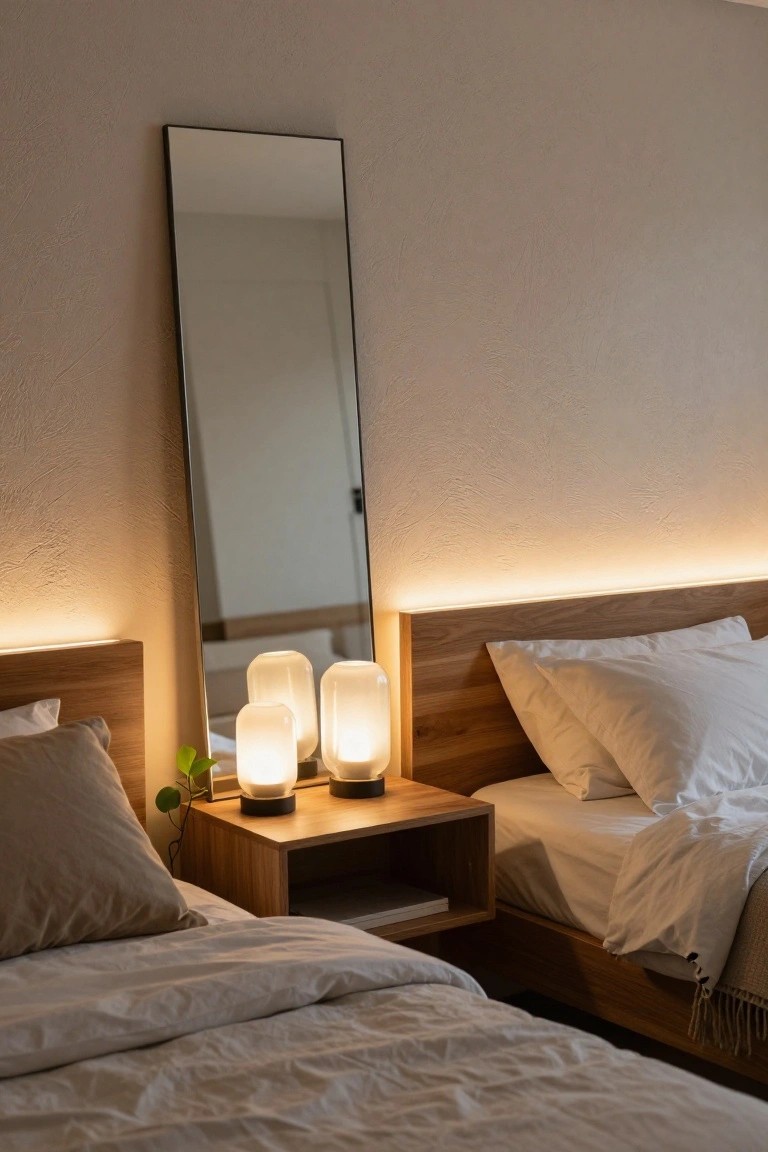 Modern bedroom with wooden furniture, two glowing lamps, and white bedding.