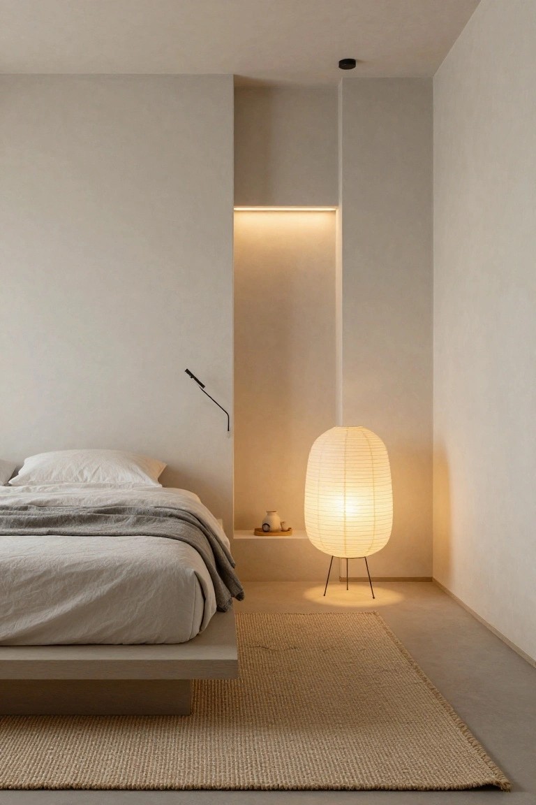 Minimalist bedroom with low platform bed draped in white linens and gray blanket, large white paper lantern floor lamp on tripod stand, beige seagrass rug on concrete floor, and recessed glow in beige wall niche.