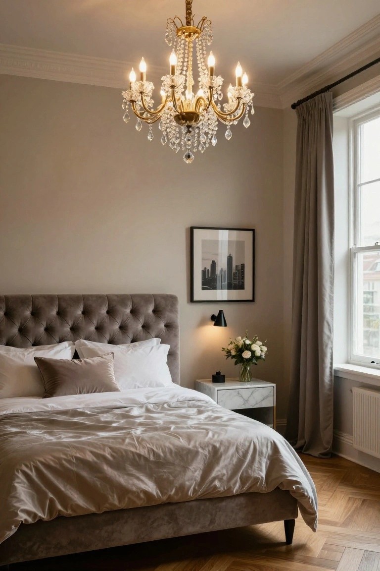 Elegant bedroom with velvet bed, crystal chandelier, and marble nightstand.