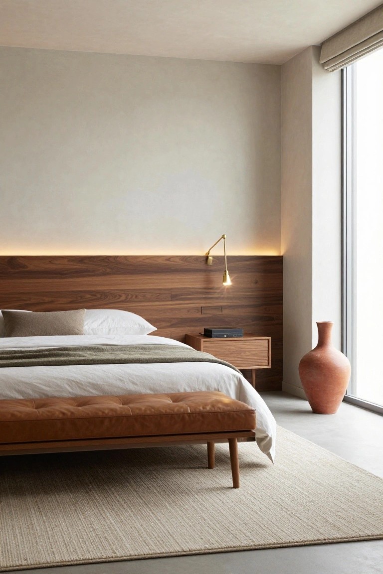 Modern bedroom with bed against walnut wood slat headboard featuring warm LED strip lighting at the top, brass wall-mounted lamp, wooden nightstand, tall terracotta vase, leather bench at bed foot, and large window with beige blinds on beige carpet.