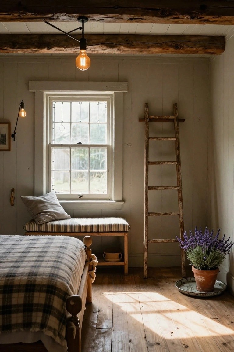 Rustic bedroom interior with exposed wooden beams, hanging black pendant light with warm bulb, wooden bed with plaid bedding, leaning wooden ladder, window bench with pillow, lavender plant in terracotta pot on floor, and wall sconce near window.