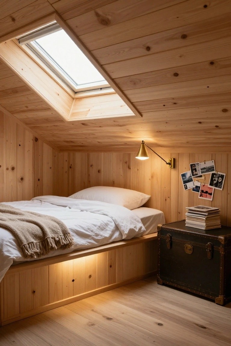 Wooden attic bedroom with sloped paneled ceiling and skylight, platform bed lit from underneath with warm glow, brass wall lamp, photo clips on wall, stack of books and vintage trunk used as nightstand.