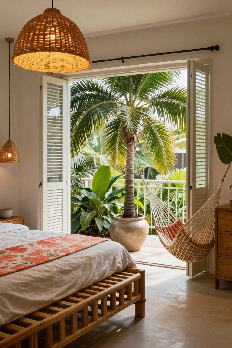 Bright bedroom with open doors, woven hammock, tropical palms, and rattan lamps.